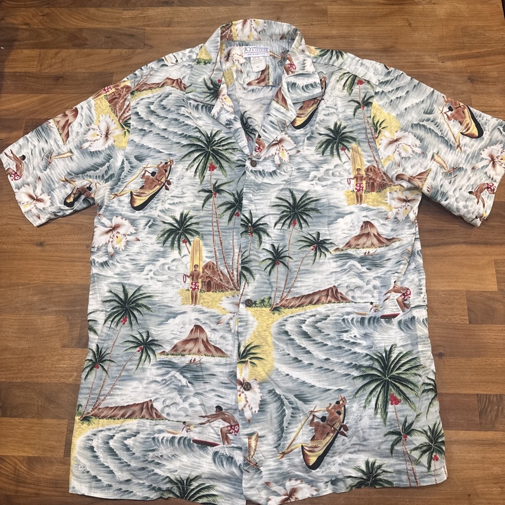VTG KY's Men Hawaiian Aloha Camp Shirt XL Boats 100% Cotton Hawaii Made